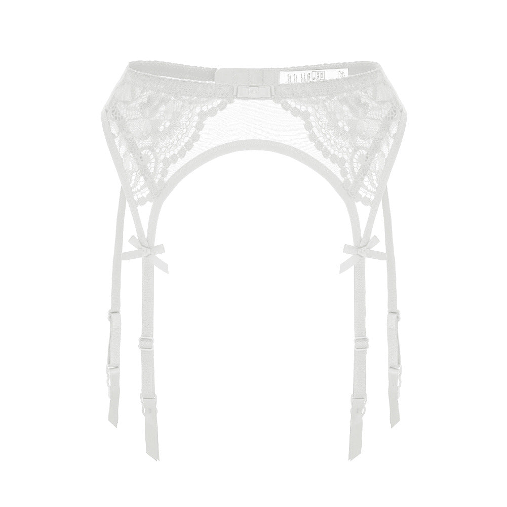 Soft white lace garter belt with adjustable vertical straps, designed for bridal or daily wear.