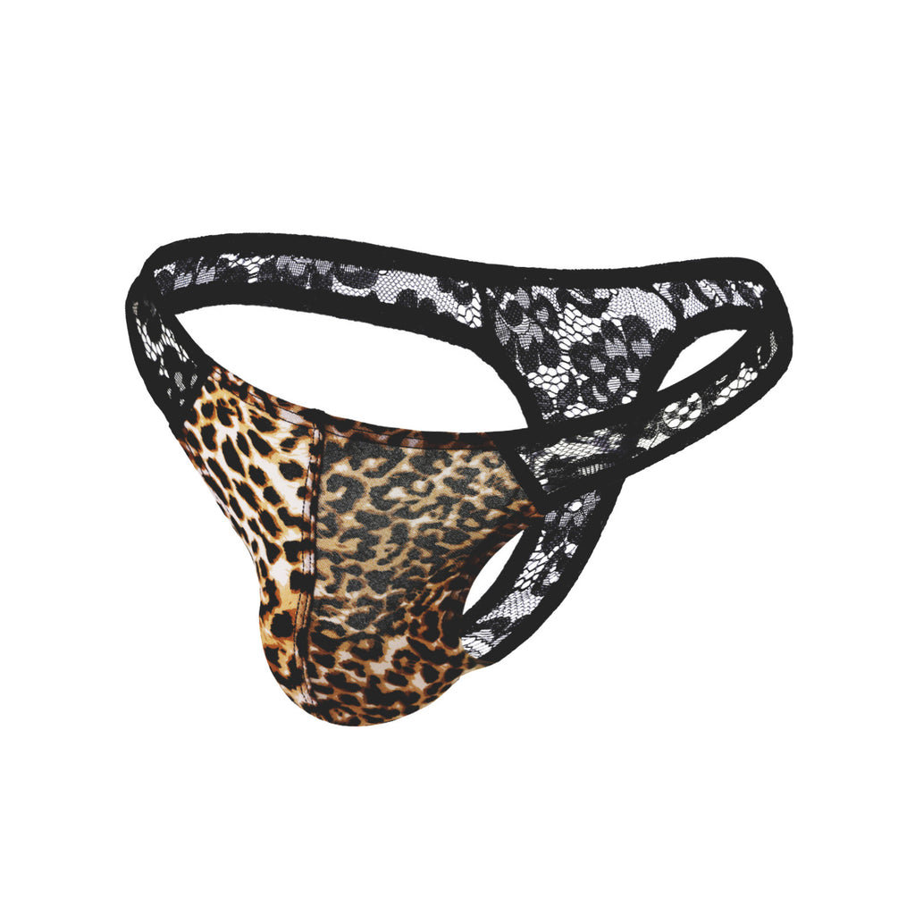 Men’s lace thong with animal-print pouch and lightweight lace waistband.