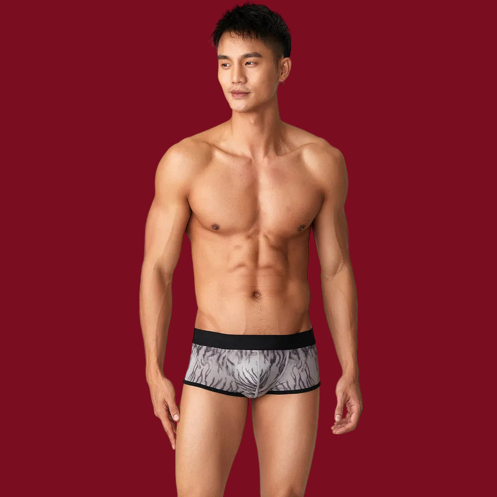 Front view of the Ash Tiger Edition Boxer Brief on a signature burgundy background, highlighting the ergonomic pouch and refined tiger print.